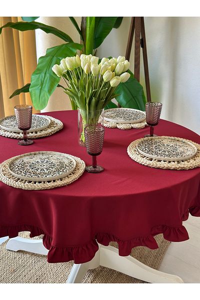 Decamor home Burgundy Ruffled Round Table with Stain-Repellent Water Repellent Features