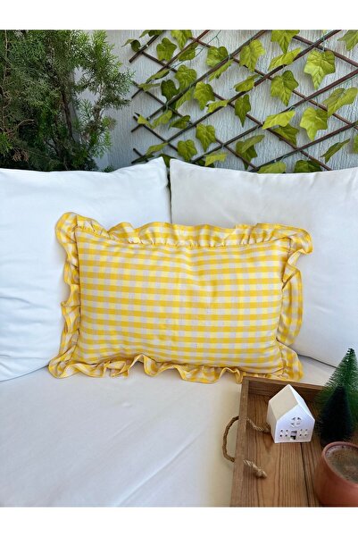 Decamor home Vintage Fırfırlı Pötikareli Keten Sarı Kırlent Kılıfı Bohem Kırlent Kılıfı 1 Ad