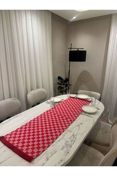 Karam Home Red Pink Checkered Tasseled 43X135 cm Runner
