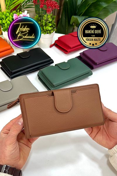 CüzCan Zurich Unisex Ανοιχτό καφέ Γνήσιο Δερμάτινο Χαρτοφυλάκιο Χεριών με Θήκη Τηλεφώνου