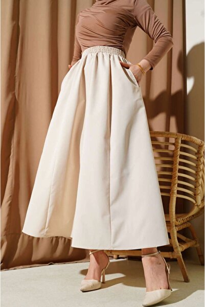 Kiremit Beige Elastic Waist Cotton Gabardine Flared Skirt