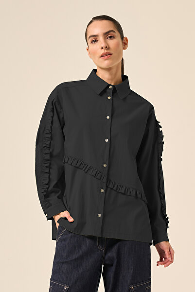 Ceremony Cotton Buttoned Short Shirt with Flounces on the Sleeves and Front 5158 Black