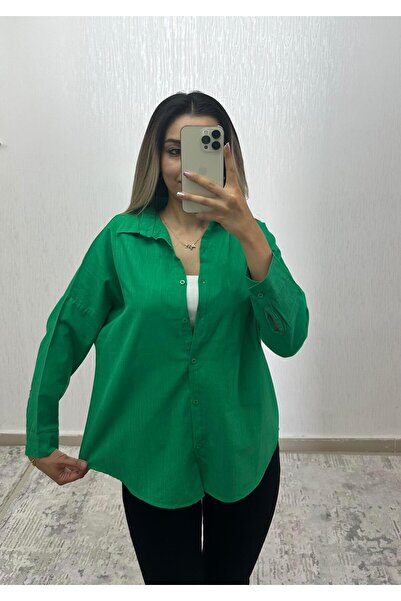 SHINE STYLE Keten Oversize Gömlek Yeşil