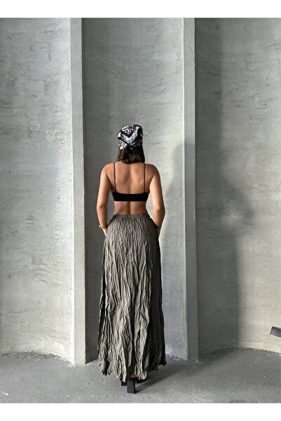 İLKCET MODA Kraşlı Khaki Maxi Length Women's Skirt