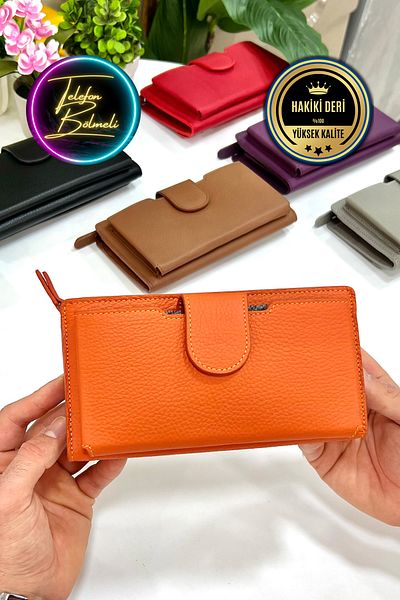 CüzCan Zurich Unisex Orange Genuine Leather Hand Portfolio with Phone Compartment