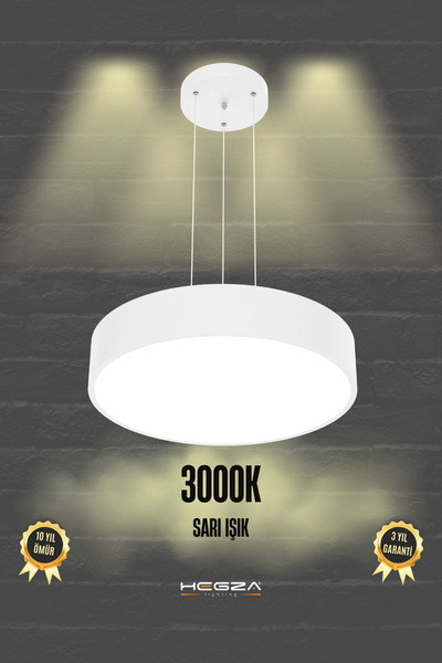 Hegza Lighting Drum 40cm ( Beyaz Kasa, Sarı Işık ) Ledli Modern Led Avize, Sa...