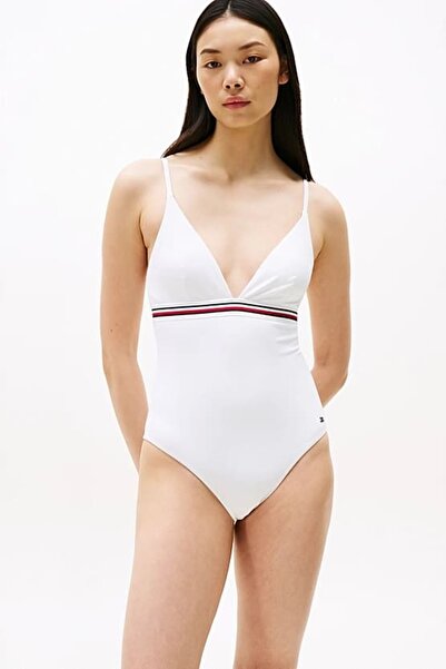 Tommy Hilfiger Kadın Th Global Stripe Derin Yaka Tek Parça Mayo - Beyaz