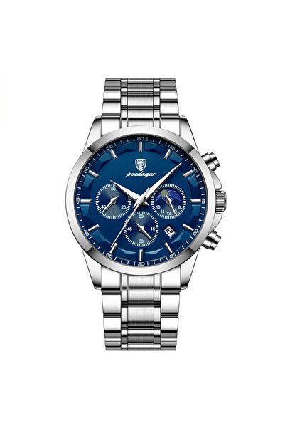 POEDAGAR Ανδρικό ρολόι Poedagar, ανοξείδωτο ατσάλι, ασημί, μπλε καντράν