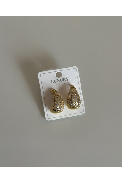 Maide Jewelry Vip Zirkon Taşlı Damla Küpe Kararmaz Gold