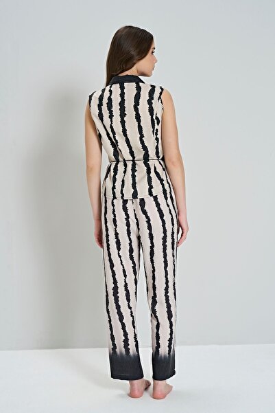 Feyza Pijama Kadın Siyah Çizgili Desenli Gömlek Pantolon Takım