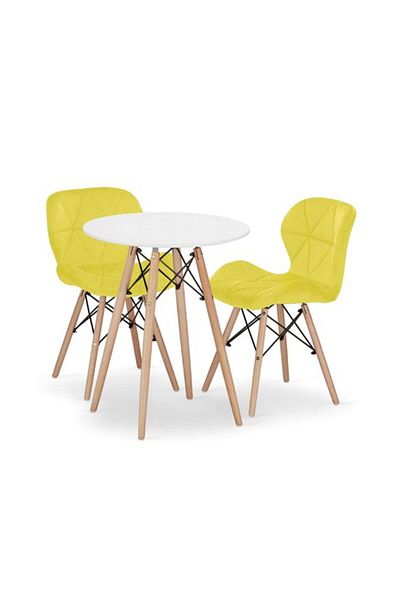 Karaca Set masa rotunda in stil scandinav + 2 scaune Lago din catifea, Artool, MDF si lemn, alb si galben,