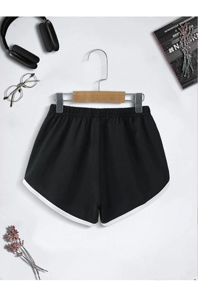 LA GULER Mini pantaloni scurți negri, slim fit, cu fante și șireturi