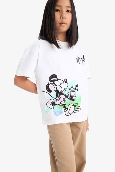 DeFacto Tricou cu mânecă scurtă pentru fete Disney Mickey & Minnie oversize cu decolteu cu imprimeu pe spate E2618a825sm