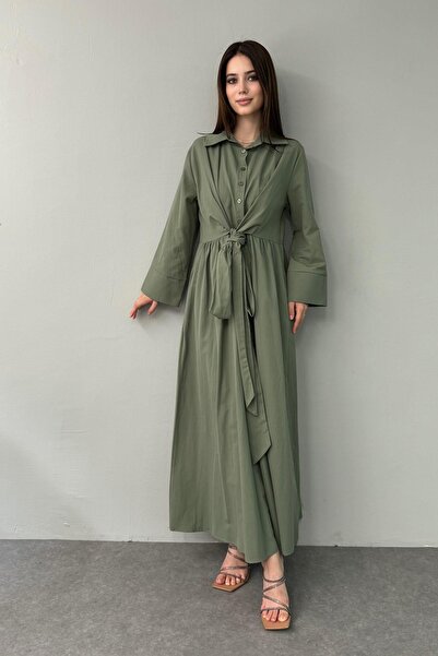 lizge giyim Waist Tied Half Placket Skirt Flared Dress