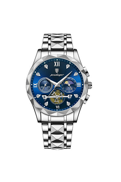 POEDAGAR Ανδρικό ρολόι Poedagar, ανοξείδωτο ατσάλι, ασημί, μπλε καντράν
