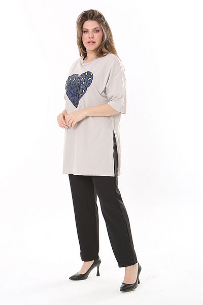 Şans Γυναικεία Plus Size Βιζόν Μπλούζα με εμπριμέ πλαϊνή σχισμή 65N37801