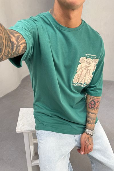 MADZEYMODA Ανδρικό μπλουζάκι Oversize Fit 100% βαμβακερό με λαιμόκοψη με στάμπα πράσινο Mz3016