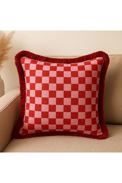 Karam Home Red Pink Stripe Checkered Tasseled Decorative Throw Pillow Cover