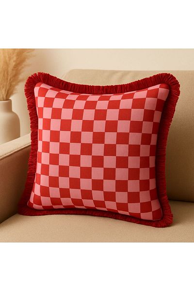 Karam Home Red Pink Stripe Checkered Tasseled Decorative Throw Pillow Cover