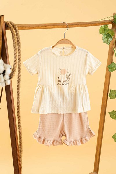 bombe Girl Boy Baby Kids Lilac 2 Piece Set Cotton Shorts Comfortable Trend Fashion Bottom Top Set Beige