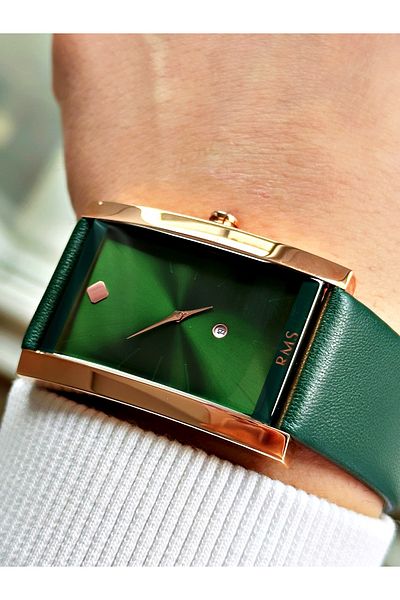 Romanson men's Wristwatch - Green Color, Special Design, Cornered Dial, 5 Atm Waterproof Leather Cord, Steel Case