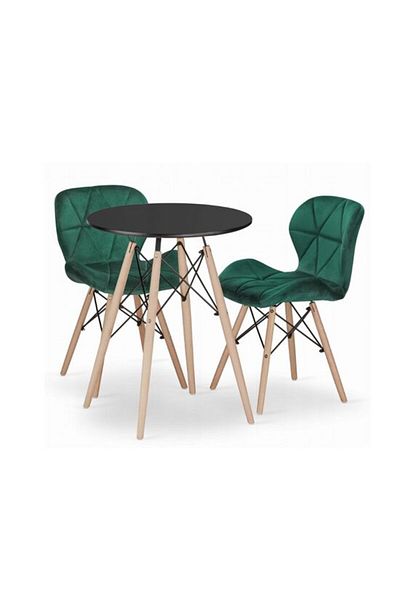 Karaca Set masă rotundă în stil scandinav + 2 scaune din catifea verde Lago, Artool, MDF negru și lemn