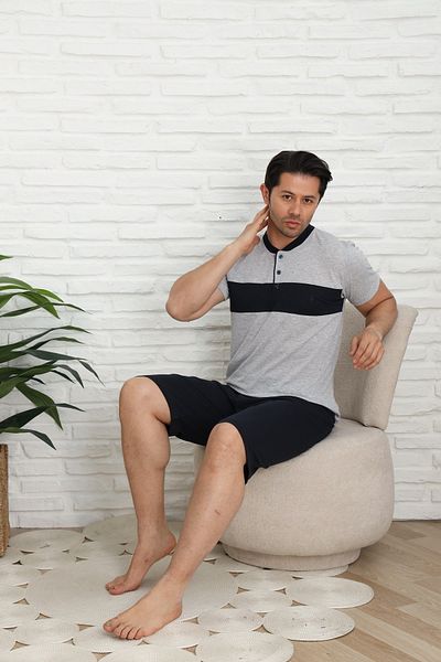 MODAREYA Short Sleeve, Shorts, Buttoned Placket, Front Piece, Summer, Embroidered Men's Pajama Set