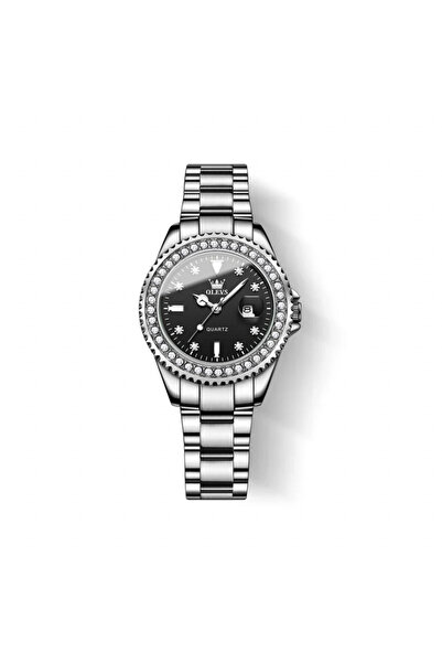 OLEVS Ceas de dama , otel inoxidabil, argintiu, cadran negru