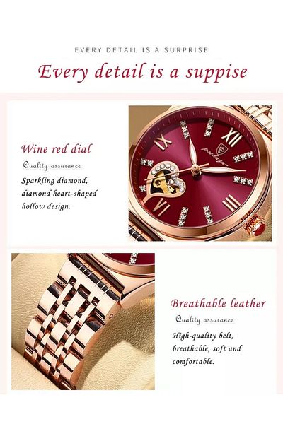 POEDAGAR Poedagar women's watch, genuine leather strap, red, white dial