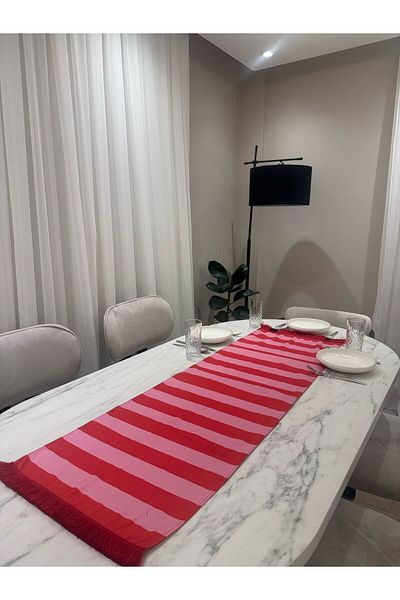 Karam Home Red Pink Striped Tasseled 43X135 cm Runner