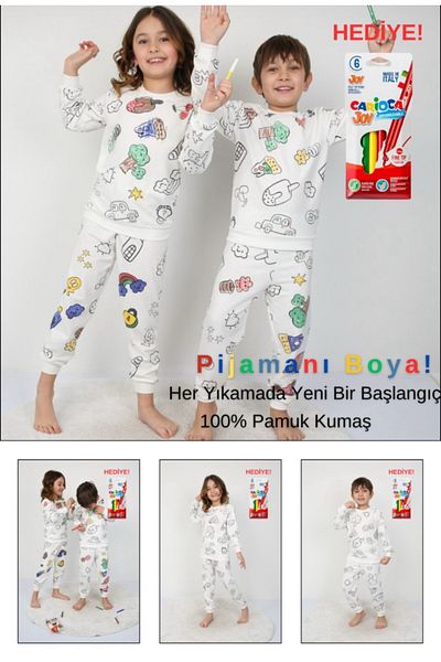 Arya Nisa Kids 100% bumbac mânecă lungă + set de pix pentru pictură specială set de pijamale pentru fete și băieți care pot fi vopsite ca cadou