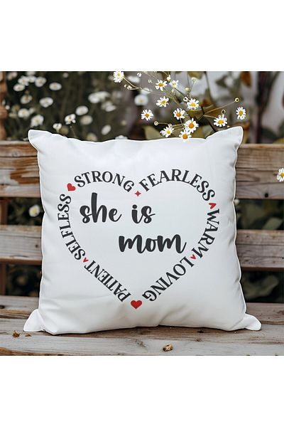 qoeuyl boutique She Is Strong Fearless Mom Printed Mother's Day Gift Fiber Filled Satin Decorative Pillow