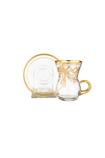 Dania Turkish crystal tea cup set beautifully laser engraved in gold and silver 6 cups + 6 saucers