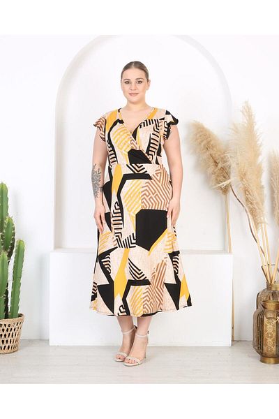 Butik Nilyam Women Plus Size Ruffle Sleeve Double Breasted Collar Maxi Dress 24741