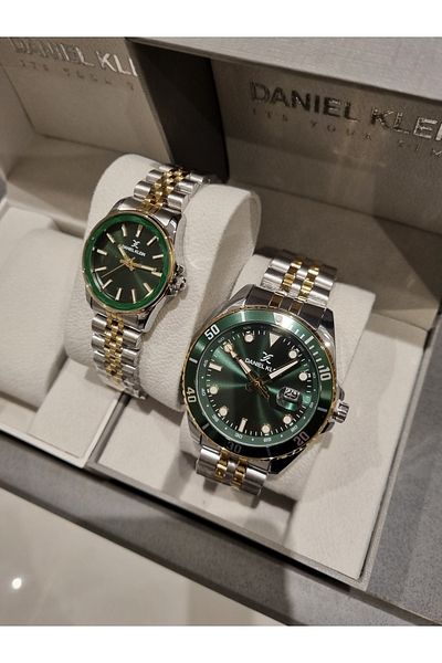 Daniel Klein Green Dial Dear Yellow Steel Bracelet Wrist Watch - Set of 2
