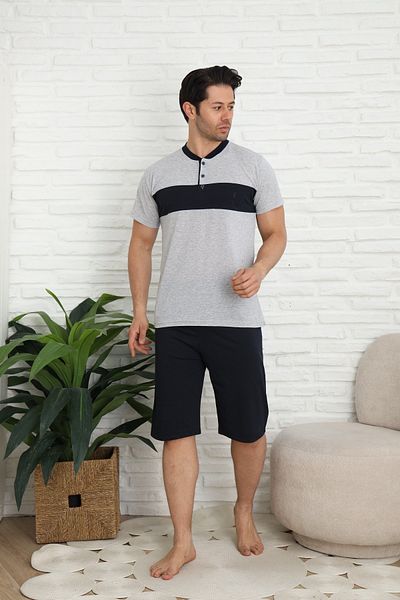 MODAREYA Short Sleeve, Shorts, Buttoned Placket, Front Piece, Summer, Embroidered Men's Pajama Set