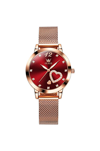 OLEVS Ceas de dama , otel inoxidabil, rose gold, cadran rosu