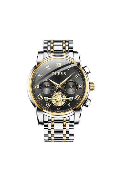 OLEVS Ανδρικό Ρολόι Cs1567, Ανοξείδωτο Ατσάλι, Ασημί-Χρυσό, Μαύρο Καντράν