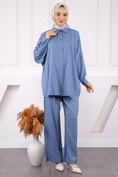 İmajButik Μπλε κοστούμι παντελόνι υπερμεγέθη τουνίκ μονής τσέπης
