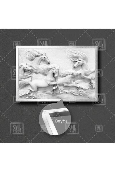 SML TABLO 3D Mermer Efektli Koşan Atlar Kabartma Görünümlü Çerçeveli Yatay Ka...