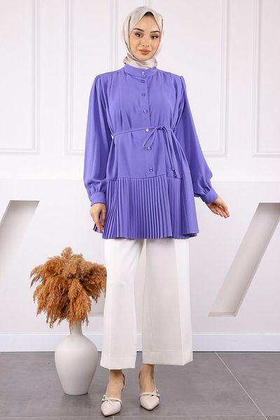 İmajButik Lilac Skirt Pleated Waist Belted Tunic