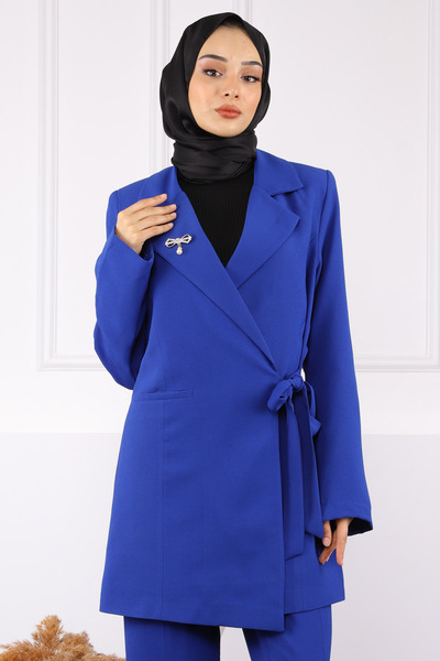 İmajButik Сакс Синій Костюм з Креповим Жакет і Штанами