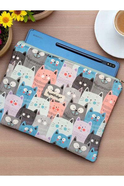 Ayza Stüdyo Night Cats Patterned Tablet Bag, 10-12 Inch Compatible Fluffy iPad Bag