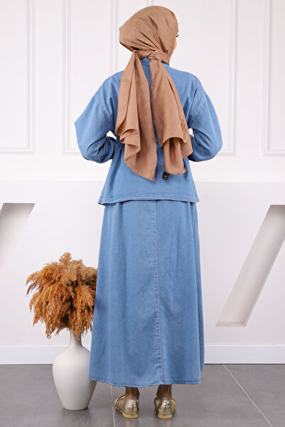 İmajButik Blue Pocket Jacket Skirt Denim Suit