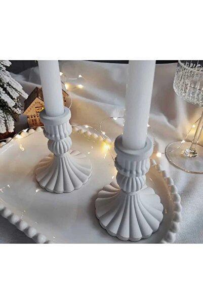 rakaymu Beyaz Dekoratif Klasik 2 Lİ Şamdan Mumluk Seti