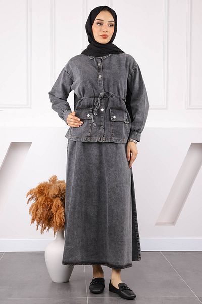 İmajButik Anthracite Pocket Jacket Skirt Denim Suit