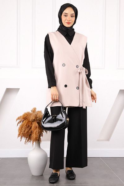 İmajButik سترة كريب بأزرار جانبية مربوطة بالحجر