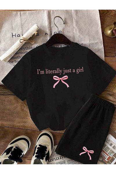 MODARİCH Тениска Literally Just A Girl Памучни шорти - Черни шорти Тениска с екипен щампа Оувърсайз кръгло деколте