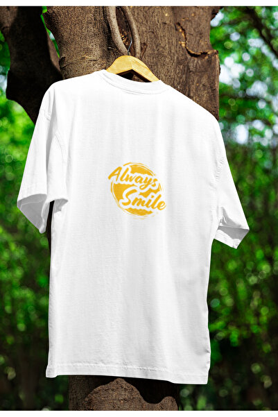 MG تي شيرت مطبوع عليه ALWAYS SMILE للجنسين برقبة دائرية من القطن مقاس كبير وأ...