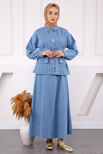 İmajButik Μπλε τζιν κοστούμι με μπουφάν και φούστα